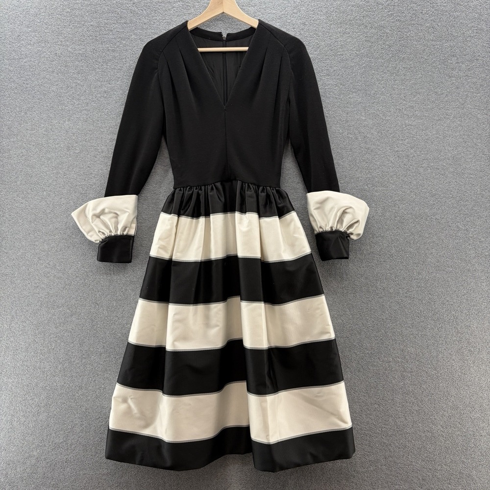 VTG 60s Pauline Trigere Dress XS Black White Stripe Party Event Fit Flare Costum